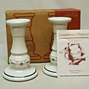 Longaberger Pottery Woven Traditions Classic Blue  5" Candlesticks New in Box
